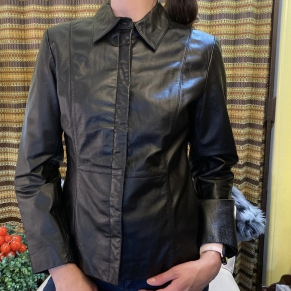 Apostrophe Womens Hidden Button-Front Black Leather Blazer Shirt Jacket - Size 8 - Picture 1 of 15